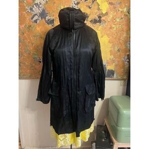 Vintage Mycra Pac Black Nylon & Metal Crinkled Thigh Length Raincoat size P